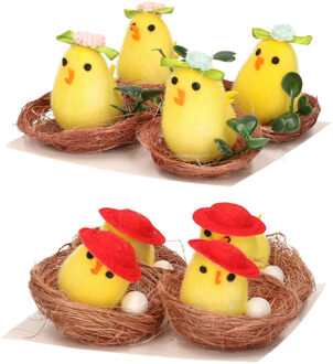 Othmar decorations Set van 8x Paaskuikentjes in mand - 4 cm - 2 varianten