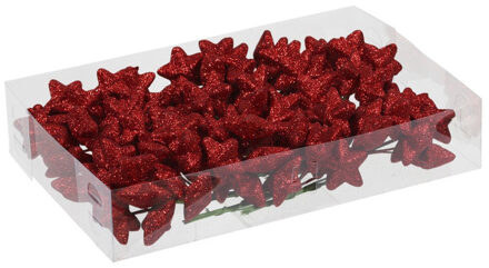 Othmar decorations Sterretjes stekers - rood - glitter - mini - kunststof - 4 cm