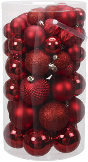 Othmar decorations Tube 60x rode kunststof kerstballen 4 -7 cm glans/mat/bewerkt - Kerstbal Rood