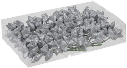 Othmar decorations Voordeelverpakking zilveren glitter sterren instekers 4 cm - Kerststukjes Zilverkleurig