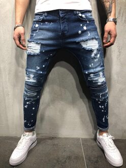 Otor Skinny Jeans Mannen Ripped Geschilderd Slim Fit Straight Geplooide Denim Broek Stretch Sneeuwvlokken Wassen Geschilderd Hip-Hop jeans Xl