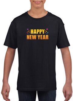 Oud en nieuw shirt Happy new year zwart jongens en meisjes L (146-152) - Feestshirts