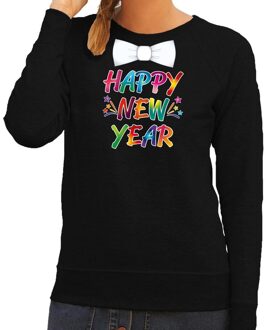 Oud en nieuw trui Happy New Year met vlinderdas zwart voor dames L (40)