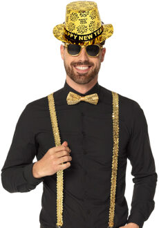 Oud en Nieuw Verkleedset - bretels/bril/strikje en hoed - goud - themafeest/oliebollenparty
