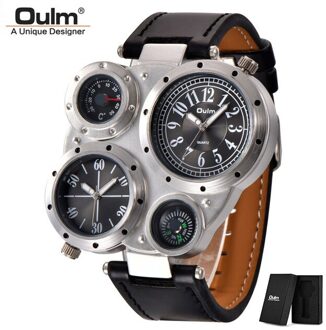 Oulm 9415 Mannen Horloges Twee Tijdzone Sport Quartz Mannen Horloge Kompas Decoratie Mannelijke Lederen Horloge zwart(met doos)