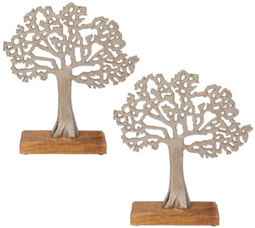 Out of the Blue 2x Stuks decoratie levensboom van aluminium op houten voet 33 cm zilver