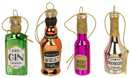 Out of the Blue Kersthangers - drankflessen - 4ST - 7 cm - glas Multi