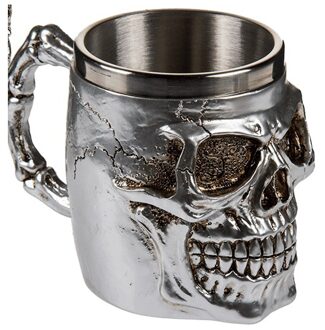 Out of the Blue Koffiemok beker met doodskop - zilver - rvs - 16 x 11 cm - Bikers - 400 ml
