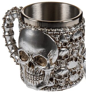 Out of the Blue Koffiemok beker met doodskop - zilver - rvs - 16 x 11 cm - Bikers - 400 ml