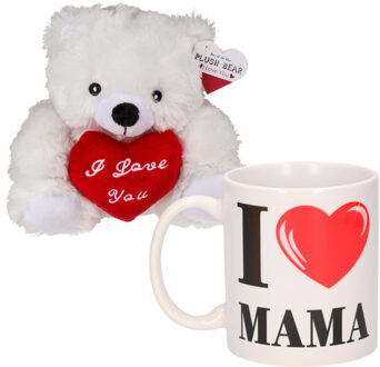 Out of the Blue Moederdagcadeau - knuffelbeer en koffiemok - cadeau - i love mama - moederdag