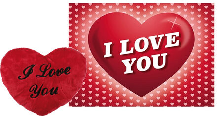 Out of the Blue Pluche knuffel kussen rood - I Love You - 35 cm - met Love / hartjes thema wenskaart