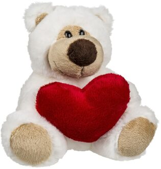 Out of the Blue Pluche knuffelbeertje met rood hartje - 15 cm - Valentijnsdag decoratie/cadeau - Liefde Wit