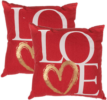 Out of the Blue Set van 2x stuks valentijn cadeau sierkussens rood love 40 x 40 cm