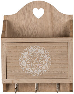 Out of the Blue Sleutelkastje Mandala design - hout - bruin - 18 x 20 cm - 3 sleutelhaakjes