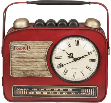 Out of the Blue Sleutelkastje met een klok - retro radio - metaal - rood - 22 x 19 cm