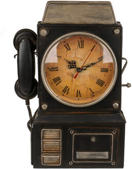 Out of the Blue Sleutelkastje met een klok - retro telefoon - metaal - zwart/bruin - 26 x 35 cm