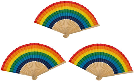Out of the Blue Spaanse hand waaier - 5x - Pride/Regenboog thema kleuren - bamboe/papier - 21 cm