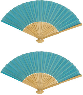 Out of the Blue Spaanse handwaaier - 2x - special colours - turquoise blauw - bamboe/papier - 21 cm