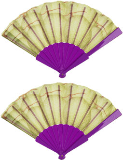 Out of the Blue Spaanse handwaaier - 4x - suikermeloen geel/paars - polyester/kunststof - 23 x 40 cm