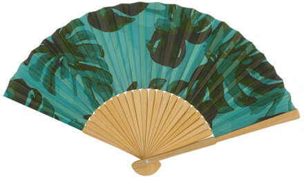 Out of the Blue Spaanse handwaaier - Tropische zomer kleuren print groene bomen - bamboe/papier - 21 cm