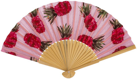 Out of the Blue Spaanse handwaaier - Tropische zomer kleuren print roze ananas - bamboe/papier - 21 cm