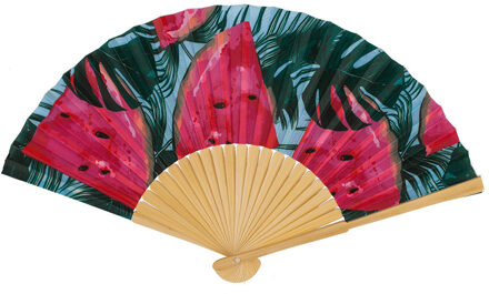 Out of the Blue Spaanse handwaaier - Tropische zomer kleuren print watermeloen - bamboe/papier - 21 cm Donkerroze