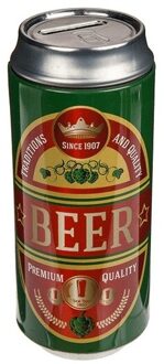 Out of the Blue Spaarpot blikje Bier/Beer - metaal - groen/rood - Drank thema - 16 cm