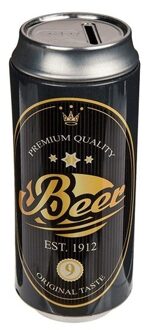Out of the Blue Spaarpot blikje Bier/Beer - metaal - zwart/goud - Drank thema - 16 cm