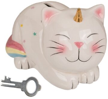 Out of the Blue Spaarpot eenhoorn kat/poes met slotje - 17 x 12 cm - Unicorn katten/dieren spaarpotten - meisjes Multi