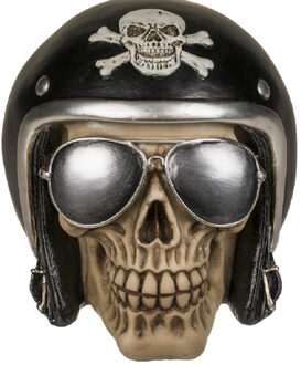 Out of the Blue Spaarpot Motor bikers skull/schedel - 16 x 13 cm - met sleuteltje - Vaderdag cadeau - polyresin