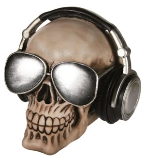 Out of the Blue Spaarpot Schedel - met koptelefoon - polyresin - 16 x 12 cm - leren sparen