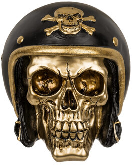 Out of the Blue Spaarpot van Biker doodshoofd - polyresin - 15 x 13 cm - Zwart/goud - Volwassenen Multi