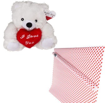 Out of the Blue Valentijn cadeaupakket - knuffelbeer en inpakpapier - hartjes - valentijnsdag - cadeau