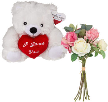 Out of the Blue Valentijnscadeau - Beertje en bloemenboeket - kunstbloem - wit - cadeau - romantisch