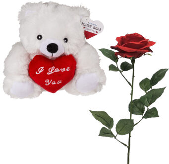 Out of the Blue Valentijnscadeau - Beertje en Roos - kunstbloem - rood - cadeau - romantisch