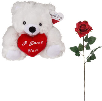 Out of the Blue Valentijnscadeau - Beertje en Roos - kunstbloem - rood - cadeau - romantisch