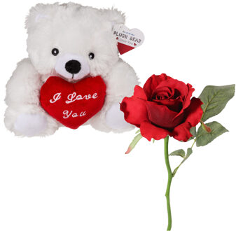 Out of the Blue Valentijnscadeau - Beertje en Roos - kunstbloem - rood - cadeau - romantisch