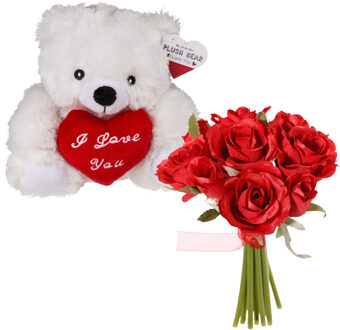 Out of the Blue Valentijnscadeau - Beertje en rozenboeket - kunstbloem - rood - cadeau - romantisch