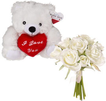 Out of the Blue Valentijnscadeau - Beertje en rozenboeket- kunstbloem - wit - cadeau - romantisch