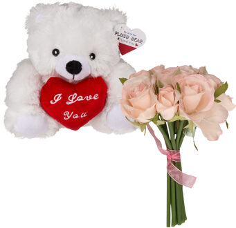 Out of the Blue Valentijnscadeau - Beertje en rozenboeket- kunstbloem - wit - cadeau - romantisch