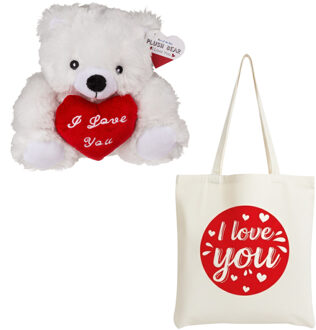 Out of the Blue Valentijnscadeau - knuffelbeer en canvastas - i love you - cadeau - valentijnsdag