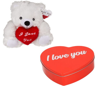 Out of the Blue Valentijnsdagcadeau - snoepblik en knuffelbeer - rood - i love you - cadeau