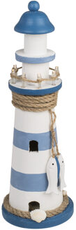 Out of the Blue Vuurtoren beeldje met LED licht - Hout - 10 x 30 cm - wit/blauw - Maritieme decoraties binnen - Beeldjes Multikleur