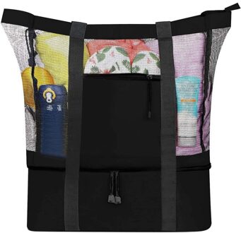 Outdoor Camping Strand Mesh Tote Tas Met Afneembare Koeltas Verpakking Organisator Camping Koeltas Picknick Isolatie Zak #35 zwart