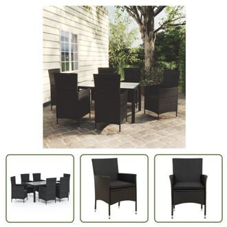 Outdoor Dining Set - Zwart Poly Rattan - 150 x 90 x 75 cm - 6 Stoelen - Inclusief Kussens