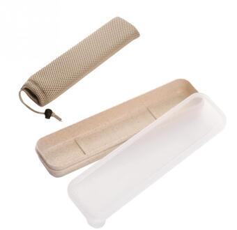 Outdoor Herbruikbare Praktische Transparante Cover Tarwe Stro Slot Bestek School Servies Box Set Met Opbergtas Reizen Beige