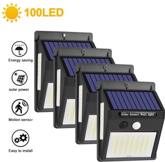 Outdoor Led Solar Light Pir Motion Sensor Wandlamp Waterdichte Zonne-energie Tuin Decor 222 Leds 4 Modi 100LED-4Pack