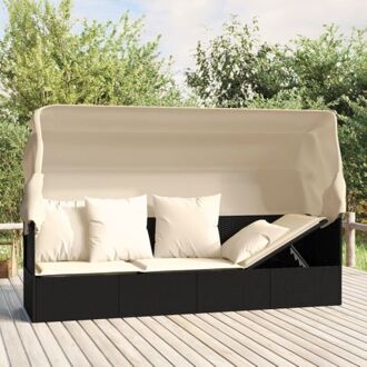 Outdoor Loungebed - Zwart Poly Rattan - Inklapbare Luifel - Stabiel Frame - Comfortabel Kussen