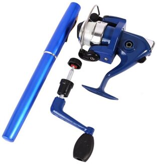 Outdoor Mini Camping Reizen Baitcasting Telescopische Pocket Pen Vorm Hengel + Reel + Vislijn Set Blauw