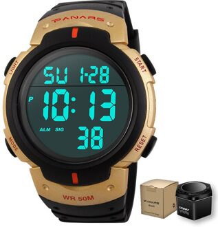 Outdoor Sport Horloge Mannen Grote Wijzerplaat Multifunctionele Digitale Horloge Voor Mannen 5ATM Waterdichte Horloges Wekker Reloj Hombre 1251 goud met doos